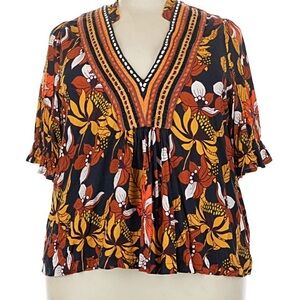 Floral V-Neck Boho Blouse in Black, Orange & Yellow
